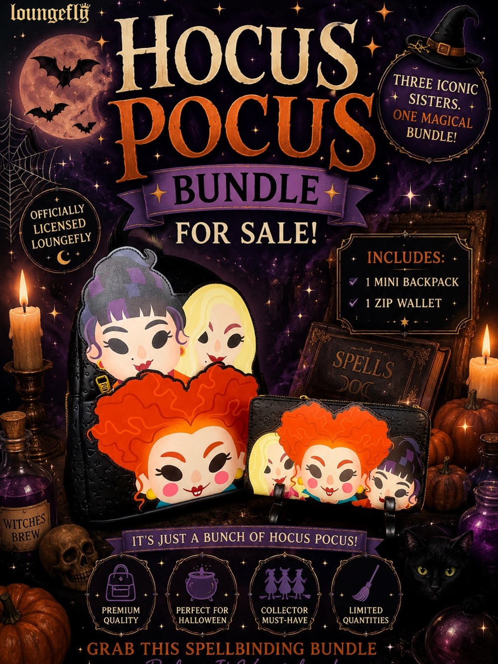 Hocus-pocus Sanderson sisters bundle. Lounge fly mini backpack and wallet.NWT!